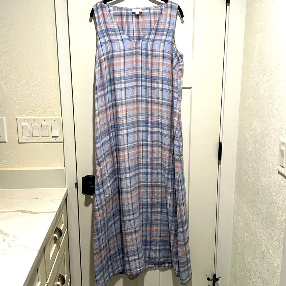 J Jill Love Linen Tank Shift Maxi Dress Linen V-Neck Pockets Plaid Checkered L